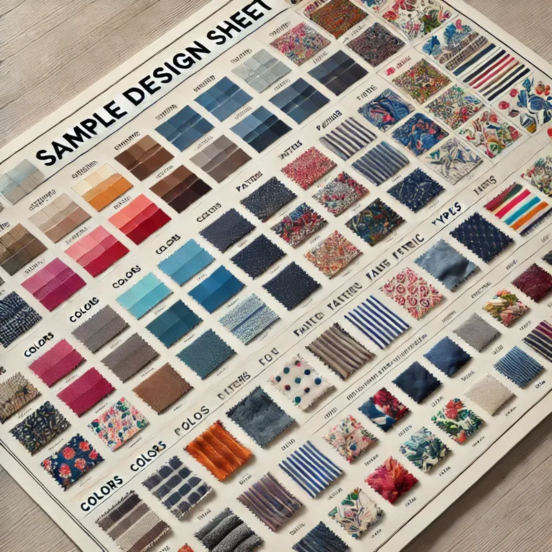 a sample design sheet with customizable options like colors, patterns, and fabric types