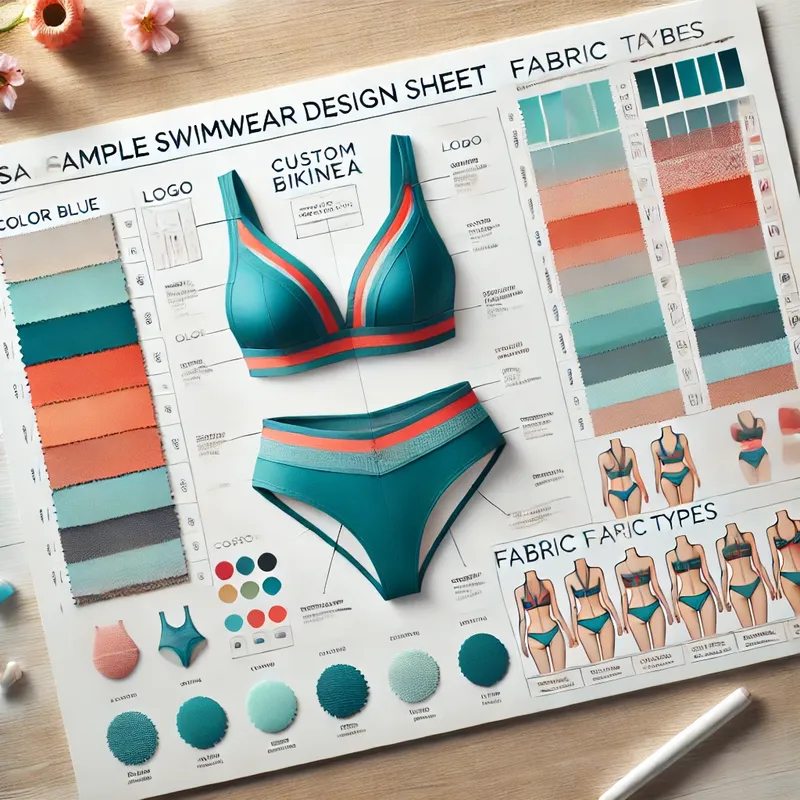 A sample design sheet showcasing custom elements like logo placement, color swatches, and fabric types