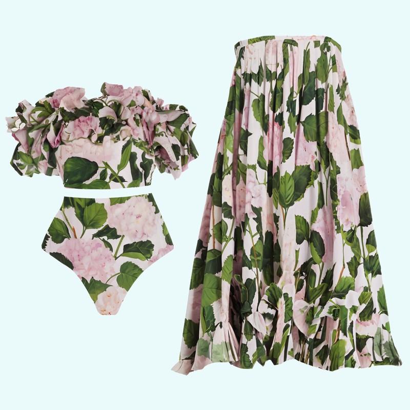 Ruffled Strapless Hydrangea Swimsuit